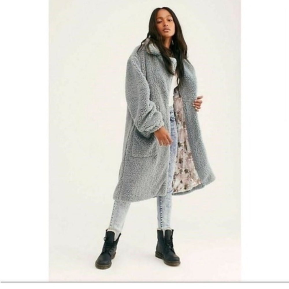Free People Blue Tessa Teddy Longline Faux Sherpa Fur Trench Coat Size XS